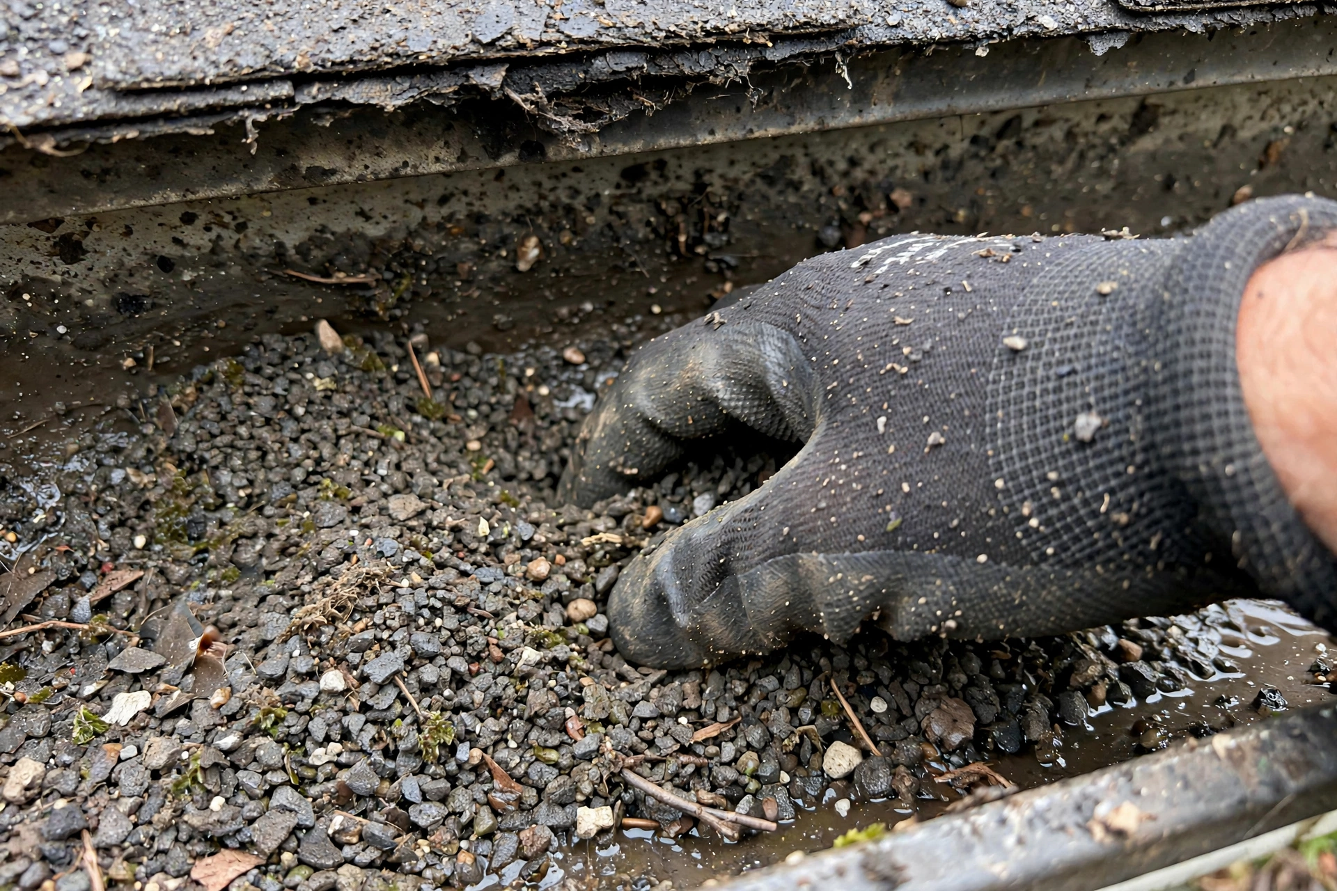Roof shingle granules collected in a gutter showing granule loss