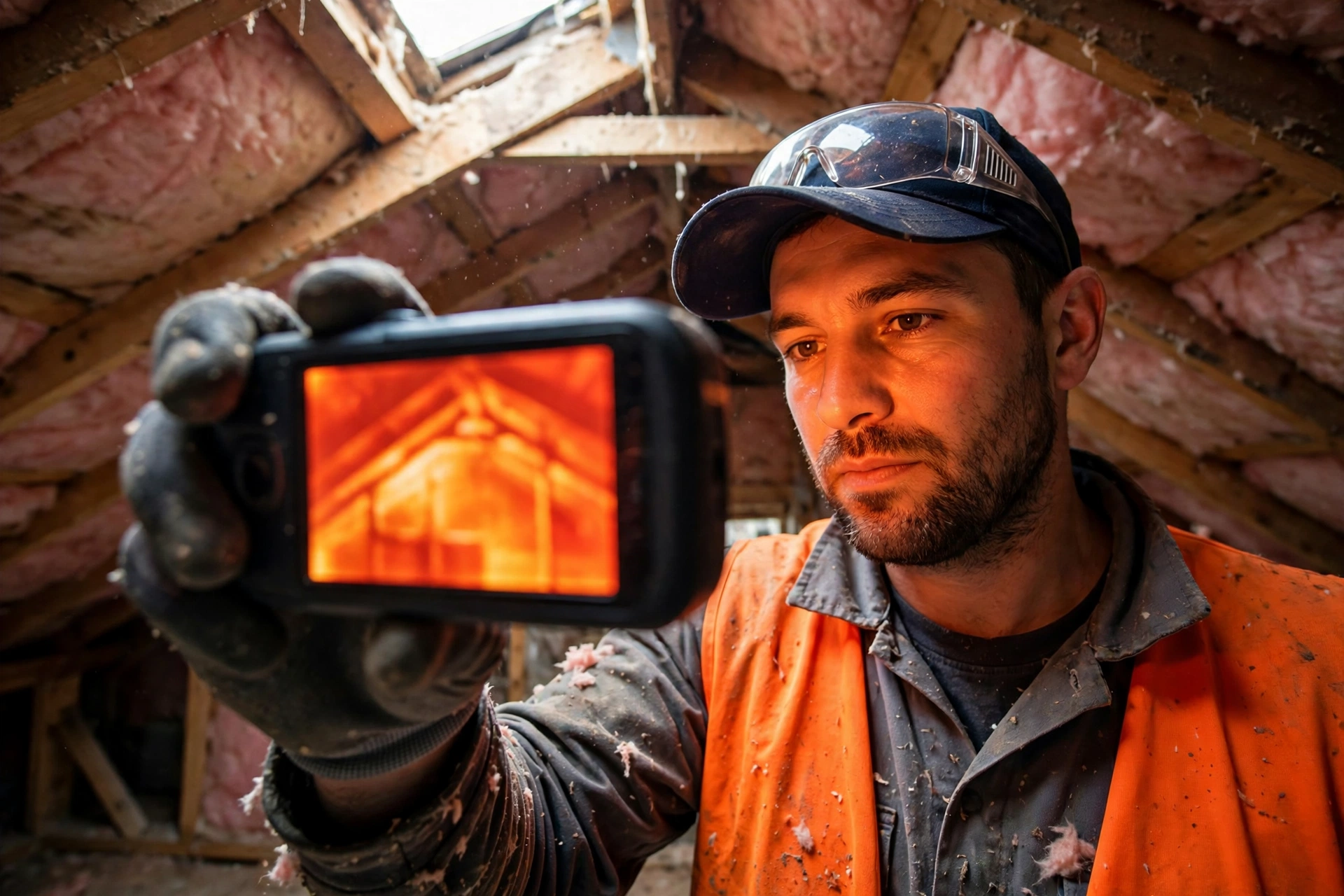 Thermal camera image comparing a hot dark shingle roof to a cool reflective metal roof