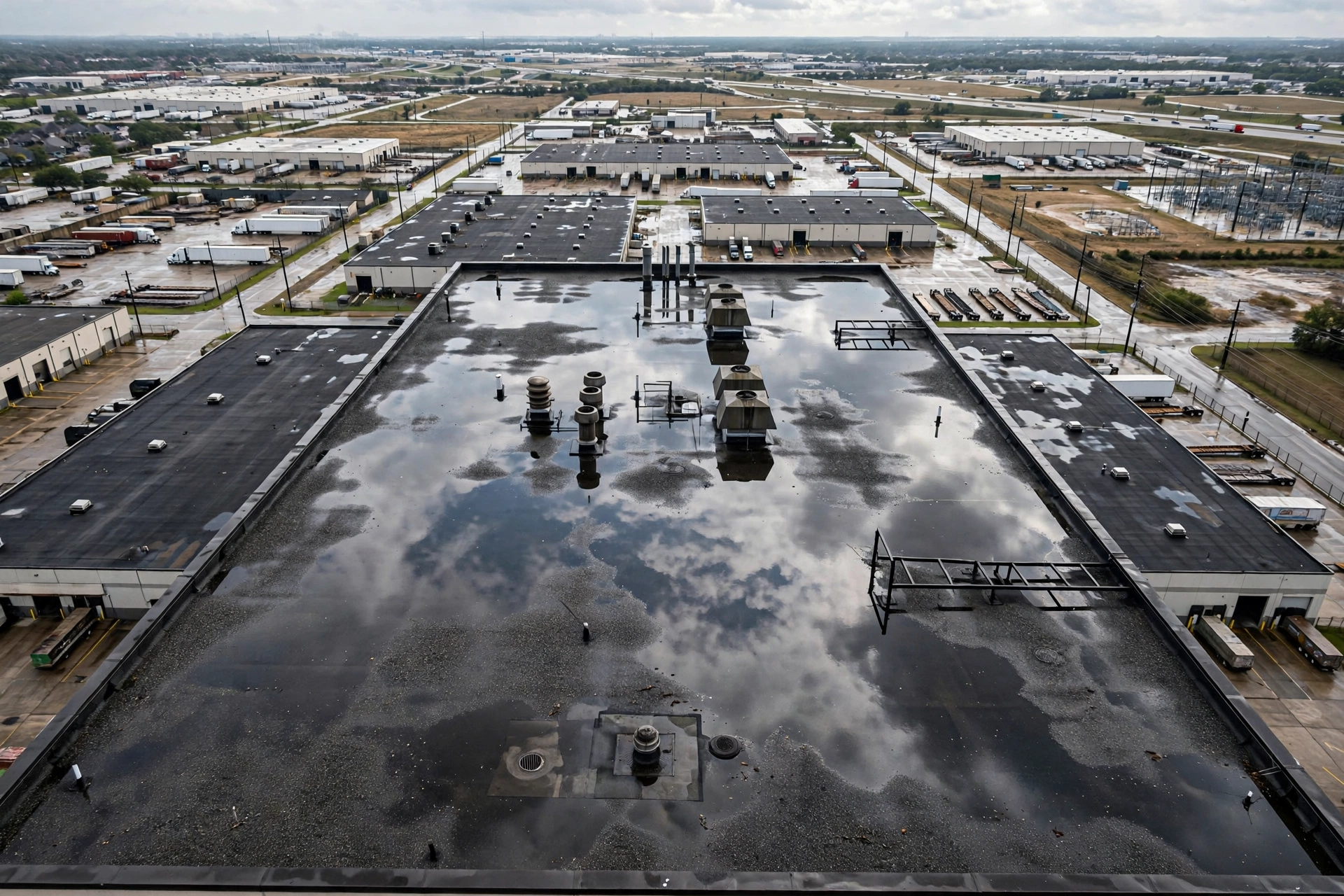 Ponding water on a commercial roof — this puddle voided a warranty.