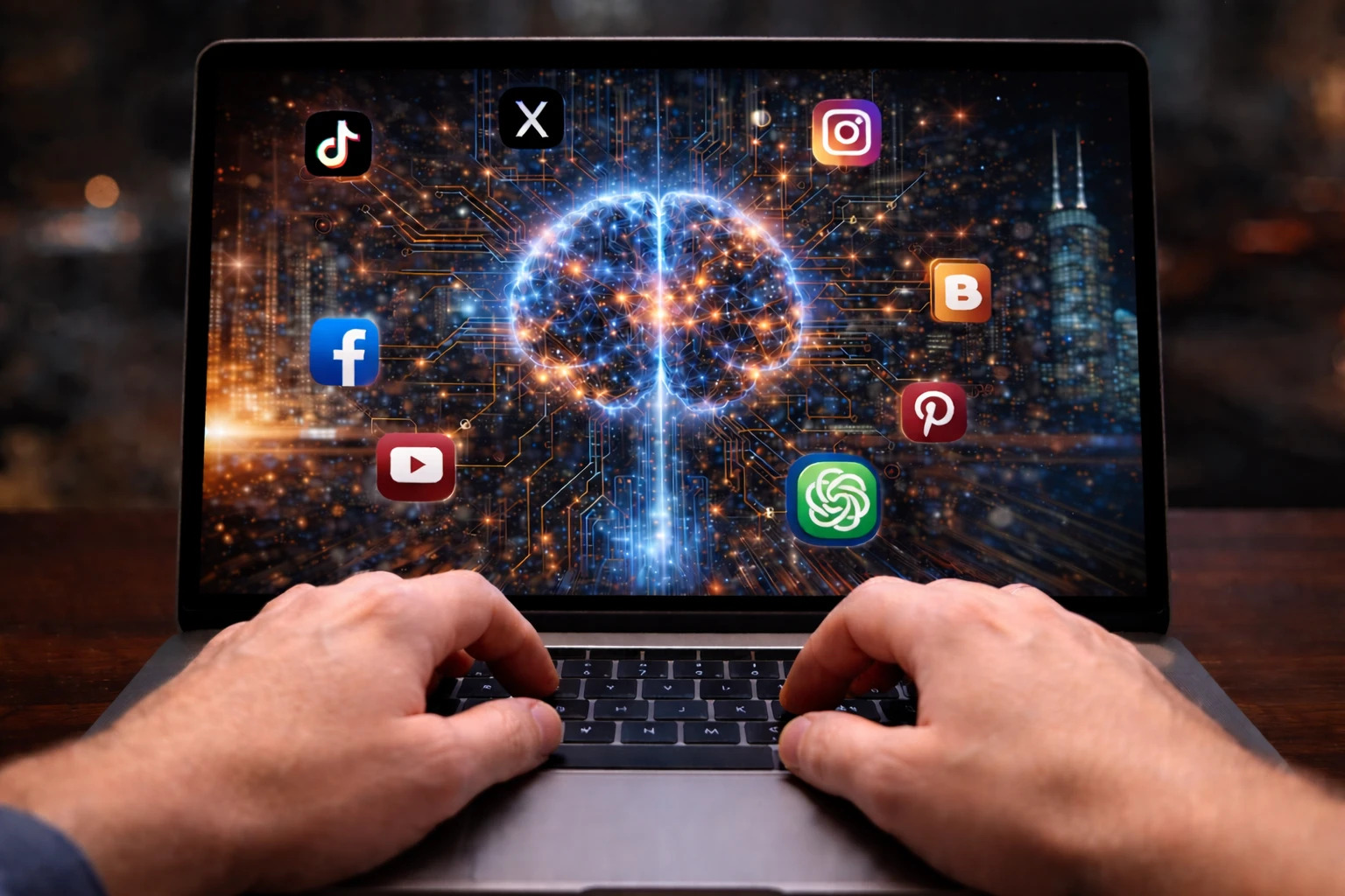 AI brain visualization on laptop with social media icons