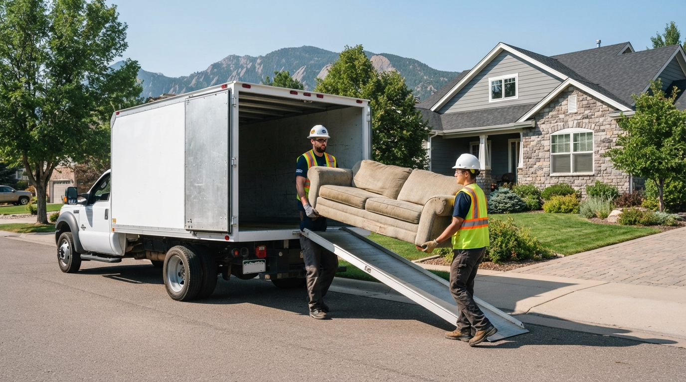 Junk removal crew loading an old couch into a truck in Greeley, Colorado