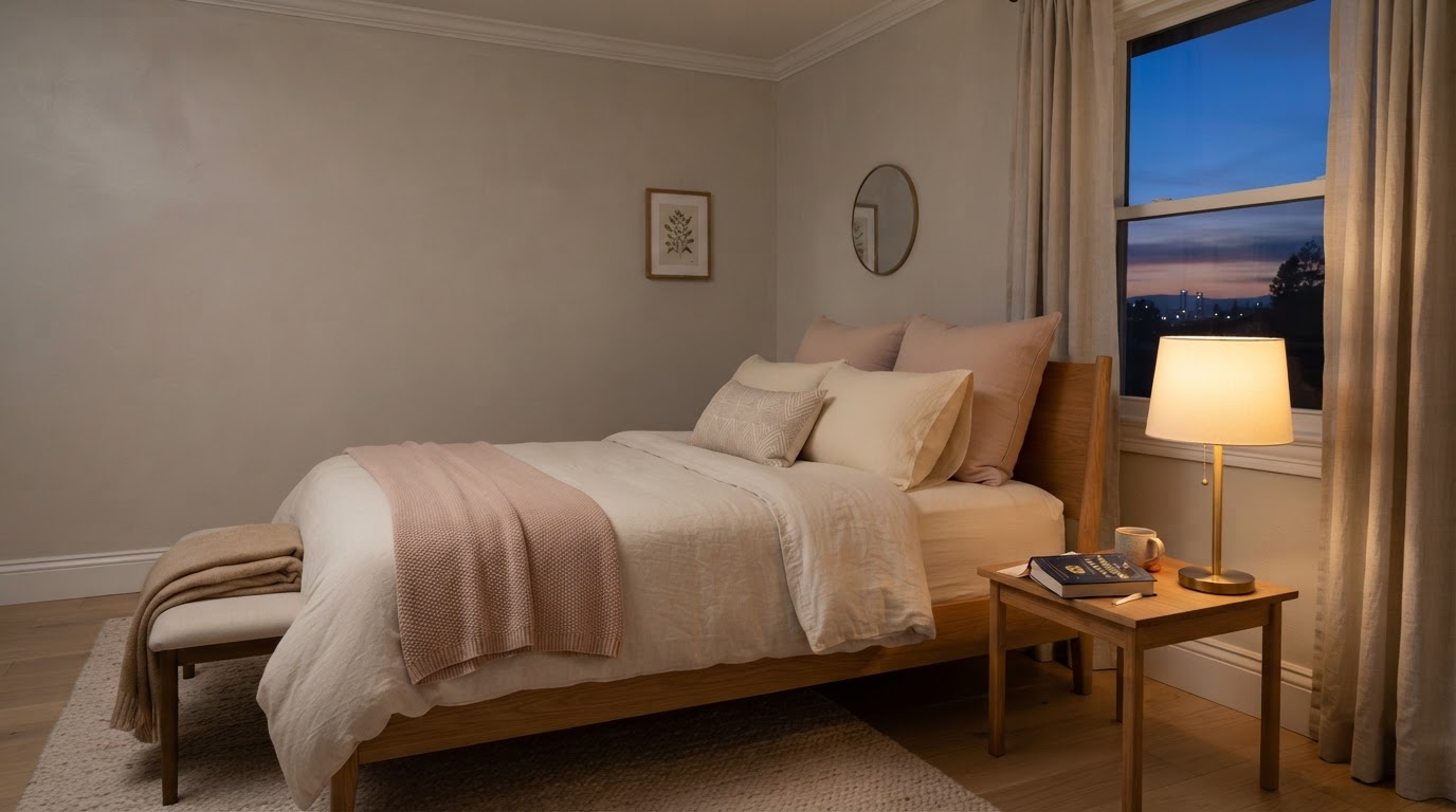 Peaceful bedroom at twilight representing restful sleep