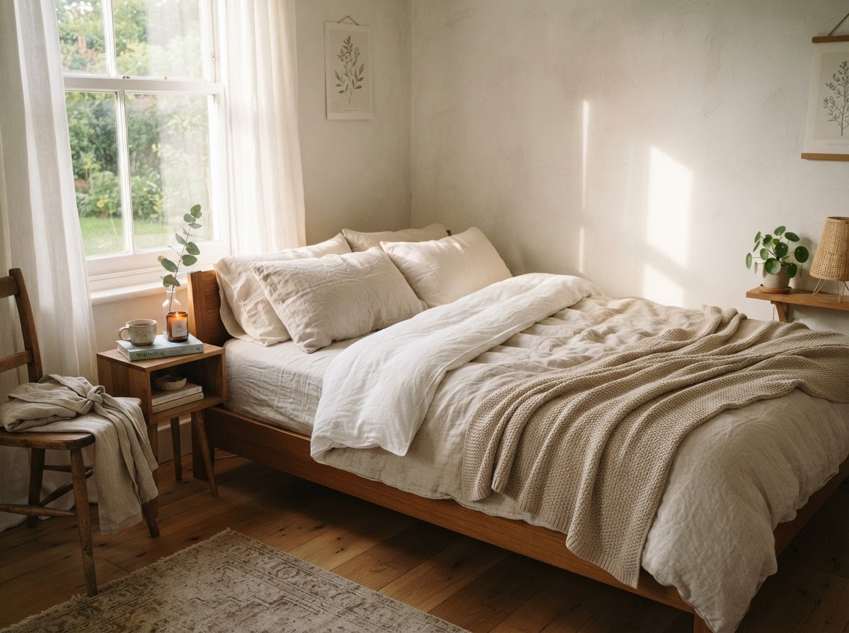 Peaceful bedroom in soft morning light representing sleep and rest
