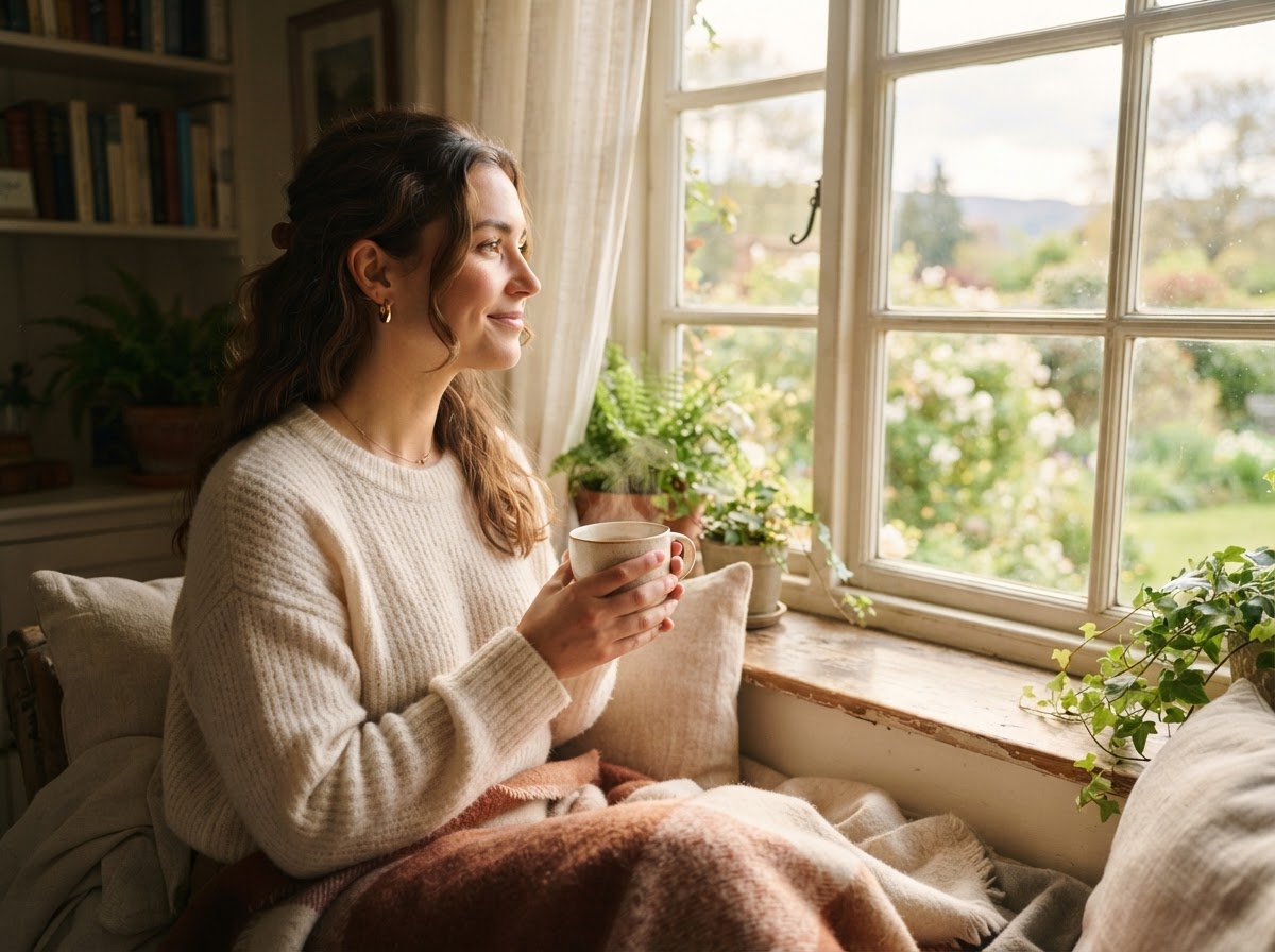 Cozy sunlit space with tea representing emotional wellbeing and self-reflection
