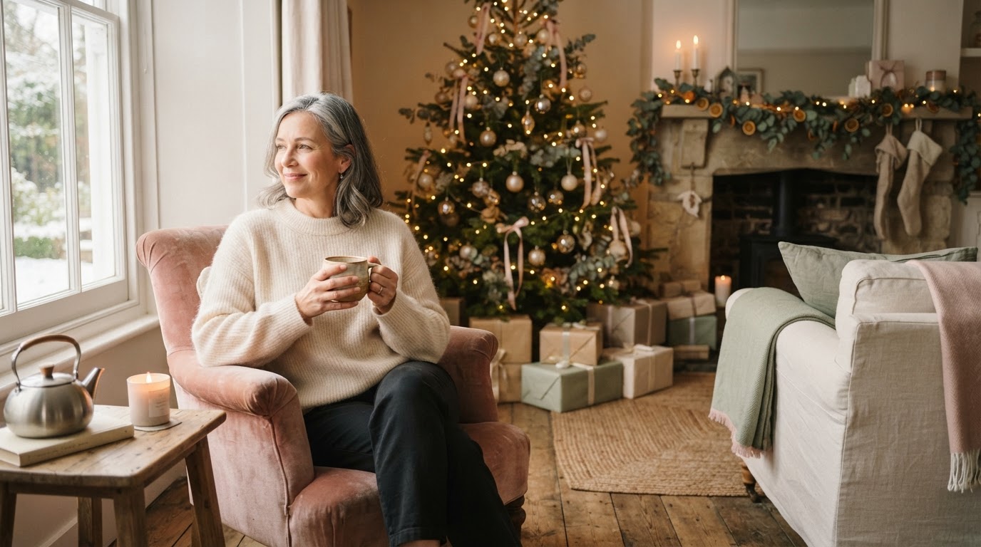 A calm midlife woman taking a quiet moment at home during the Christmas season