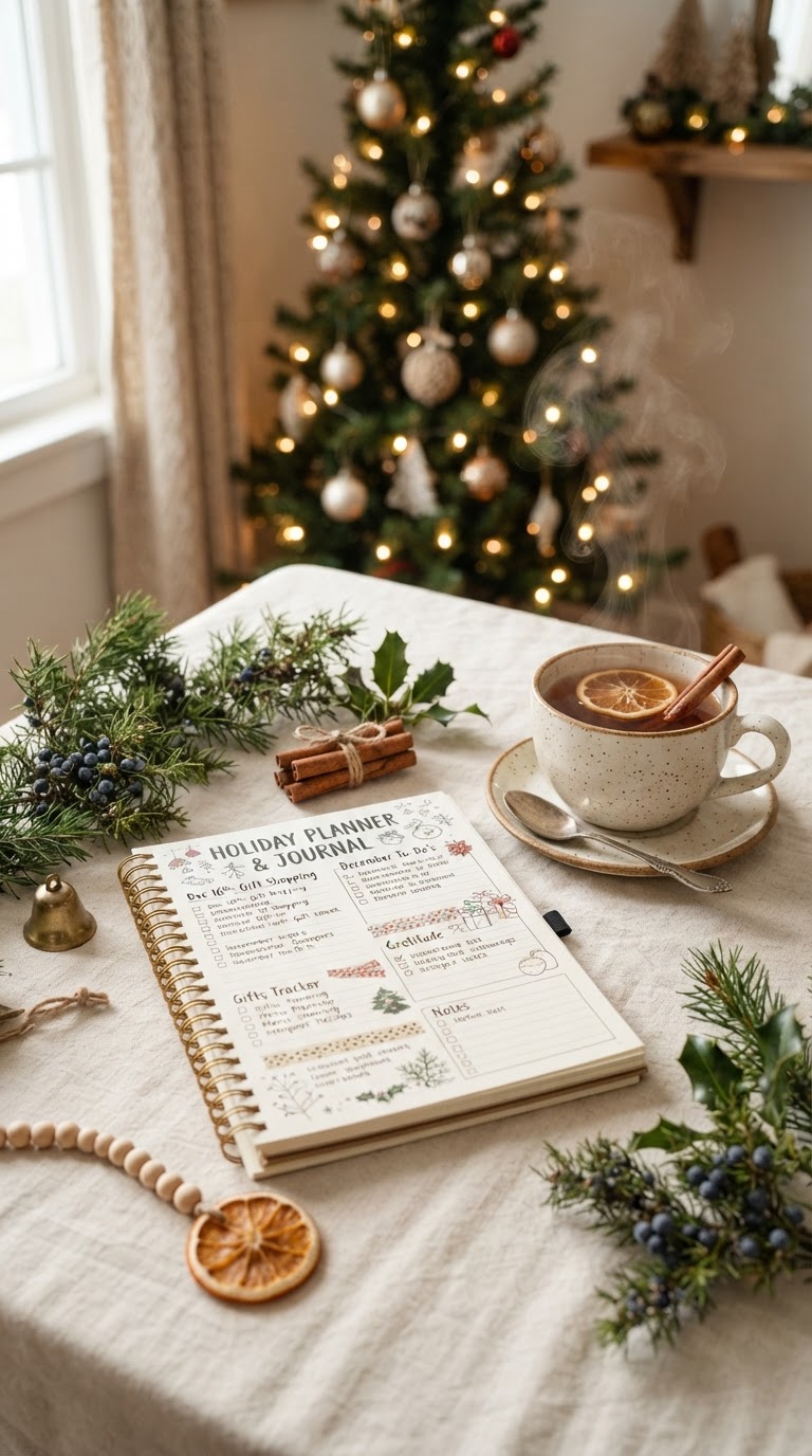 A weekly planner, herbal tea and simple habit tracker on a cream linen background