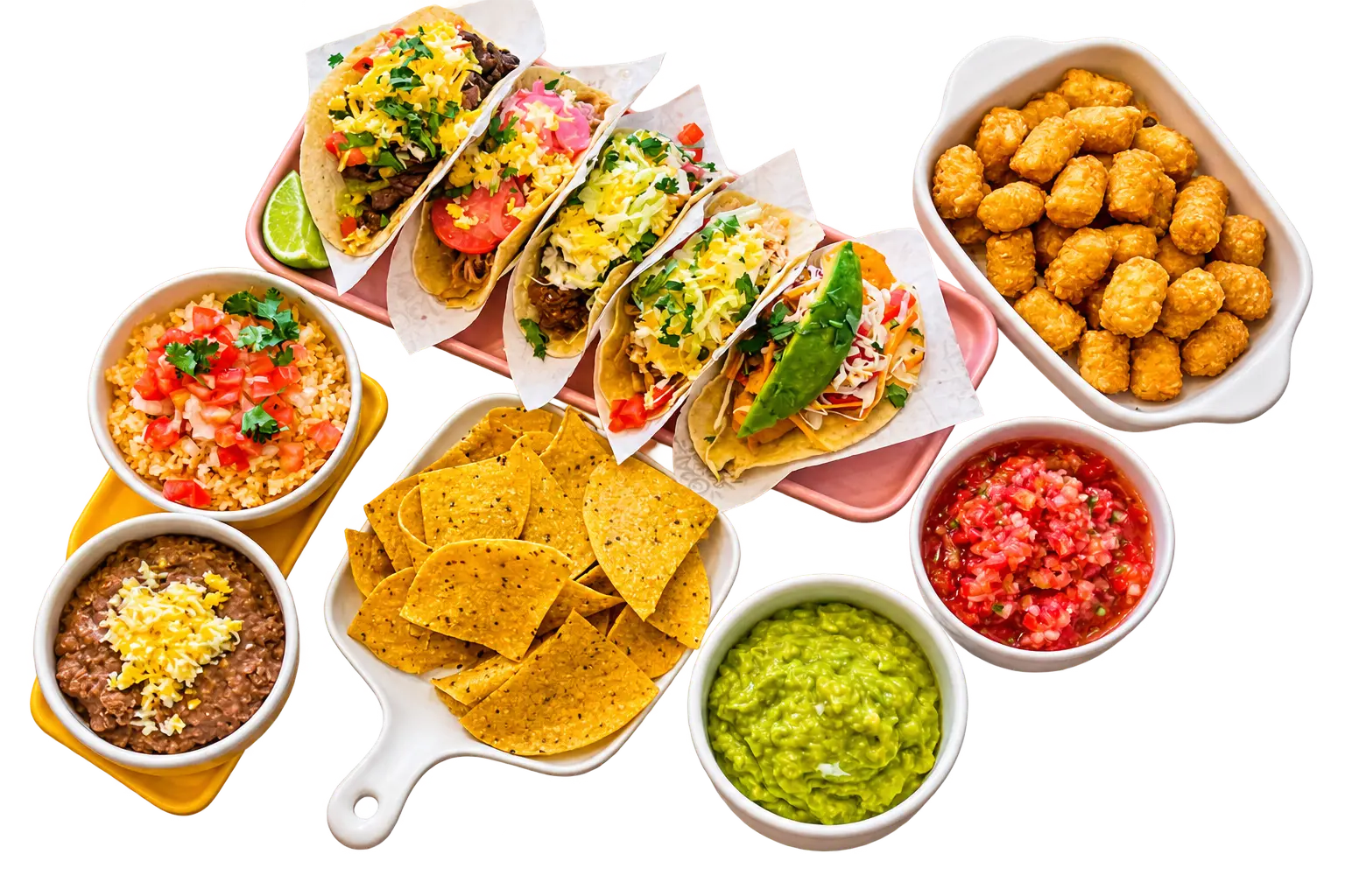 Tacos Fuego spread — tacos, chips & dips, rice and beans at Bình Thạnh