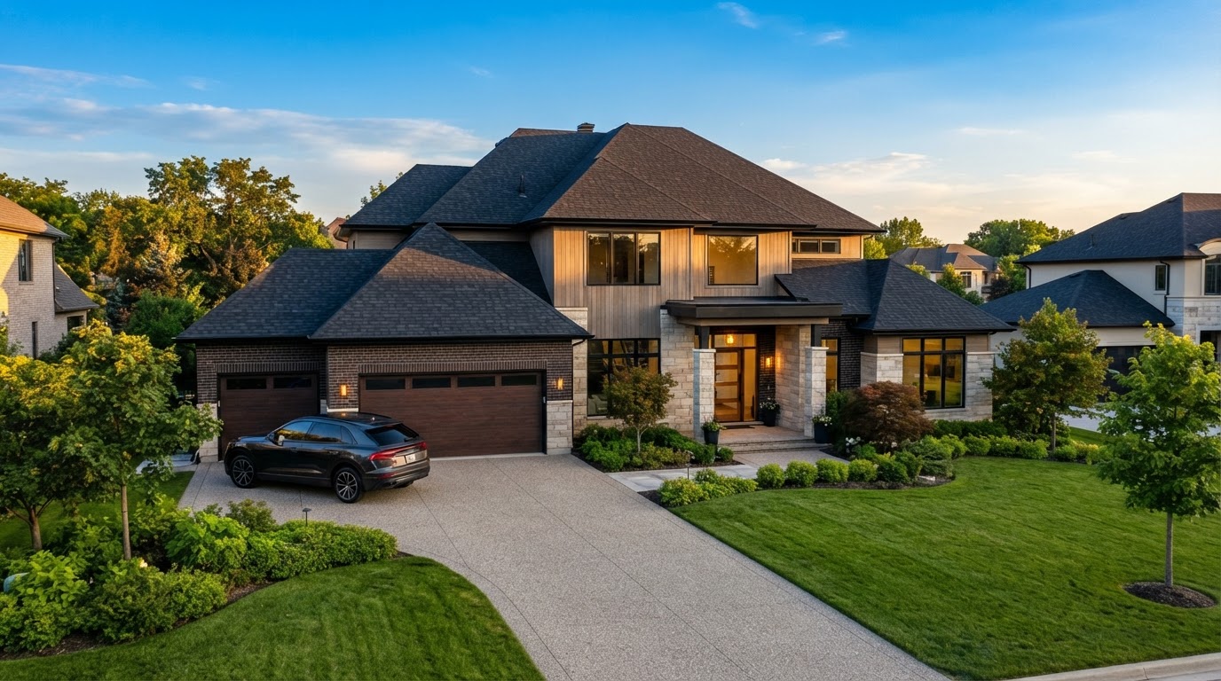 Premium residential home with new asphalt shingle roof in golden hour light