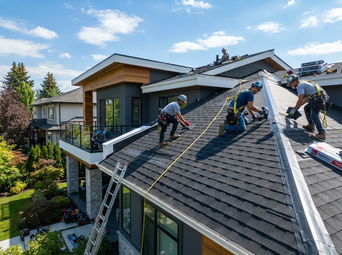 Roofing replacement site showing active crew