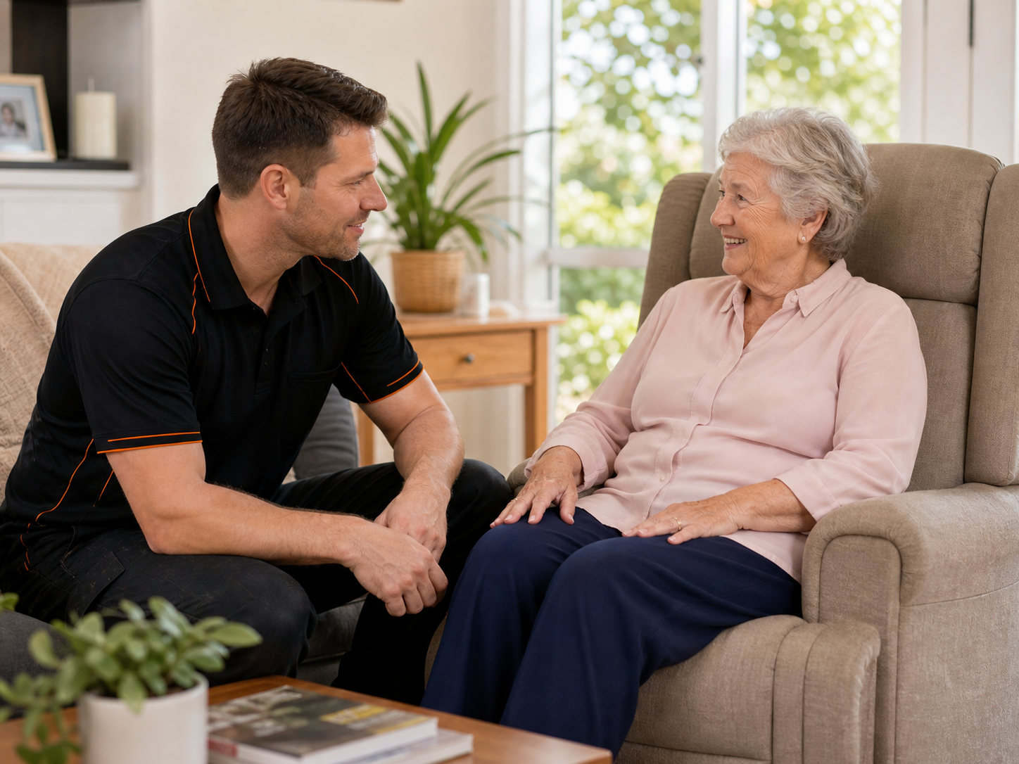 Experienced mobile technician with customer at home discussing mobility equipment