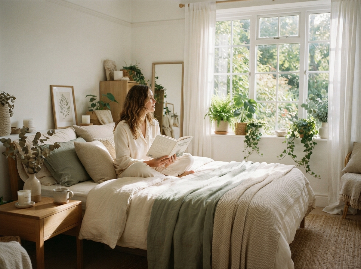 Soft natural light filtering through green leaves, evoking calm and wellness