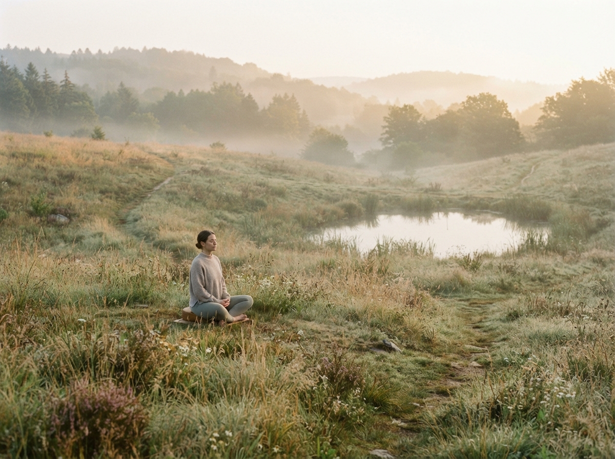A calm natural landscape with soft morning light, representing restful breathing and wellness