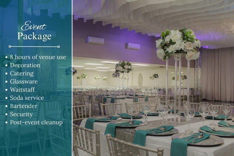 Full event package venue with teal table settings, crystal glassware, and elegant white ceiling drapery