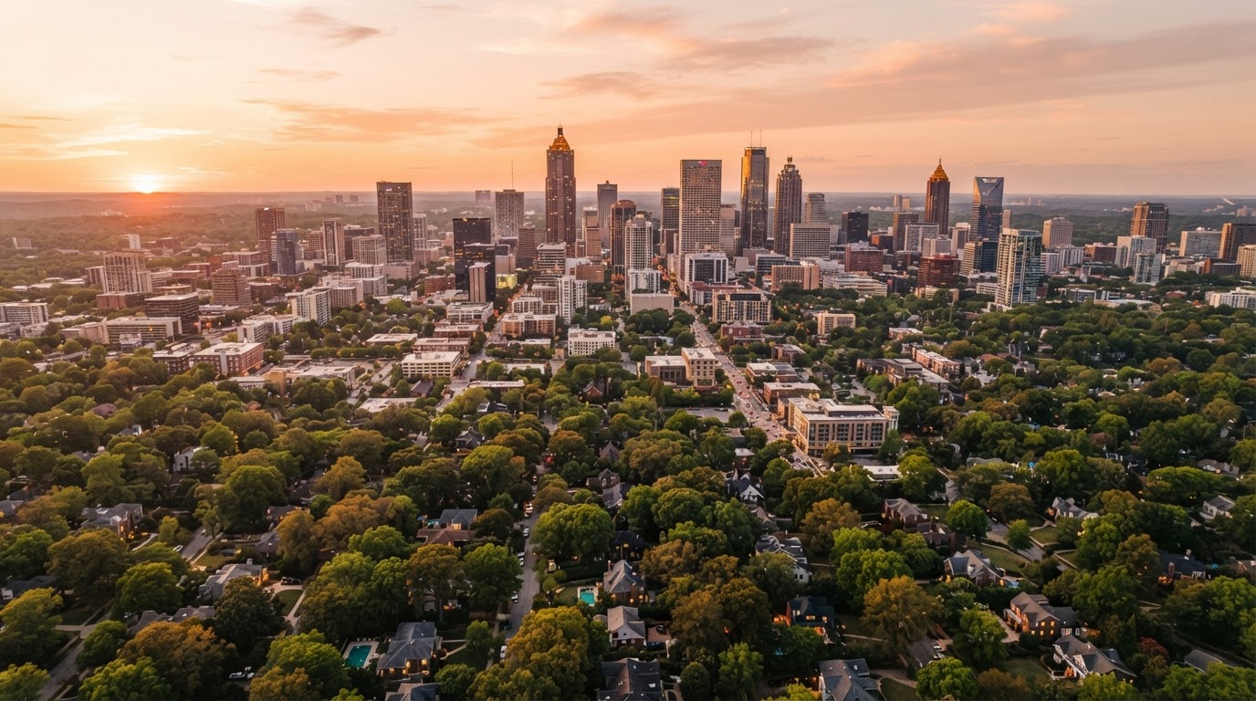 Aerial view of the Metro Atlanta skyline at golden hour