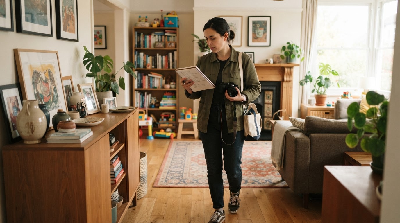 A person documenting items with a notebook and camera during a walkthrough of a family home before an estate clean out