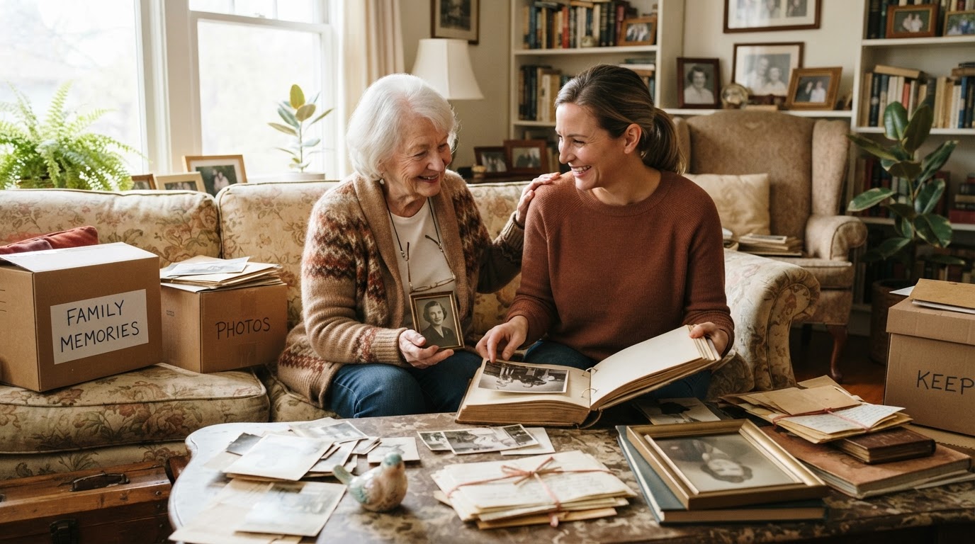 A senior woman and her adult daughter sorting through family keepsakes during downsizing
