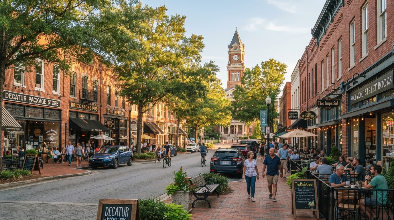 Charming historic downtown Decatur Georgia streetscape with brick storefronts