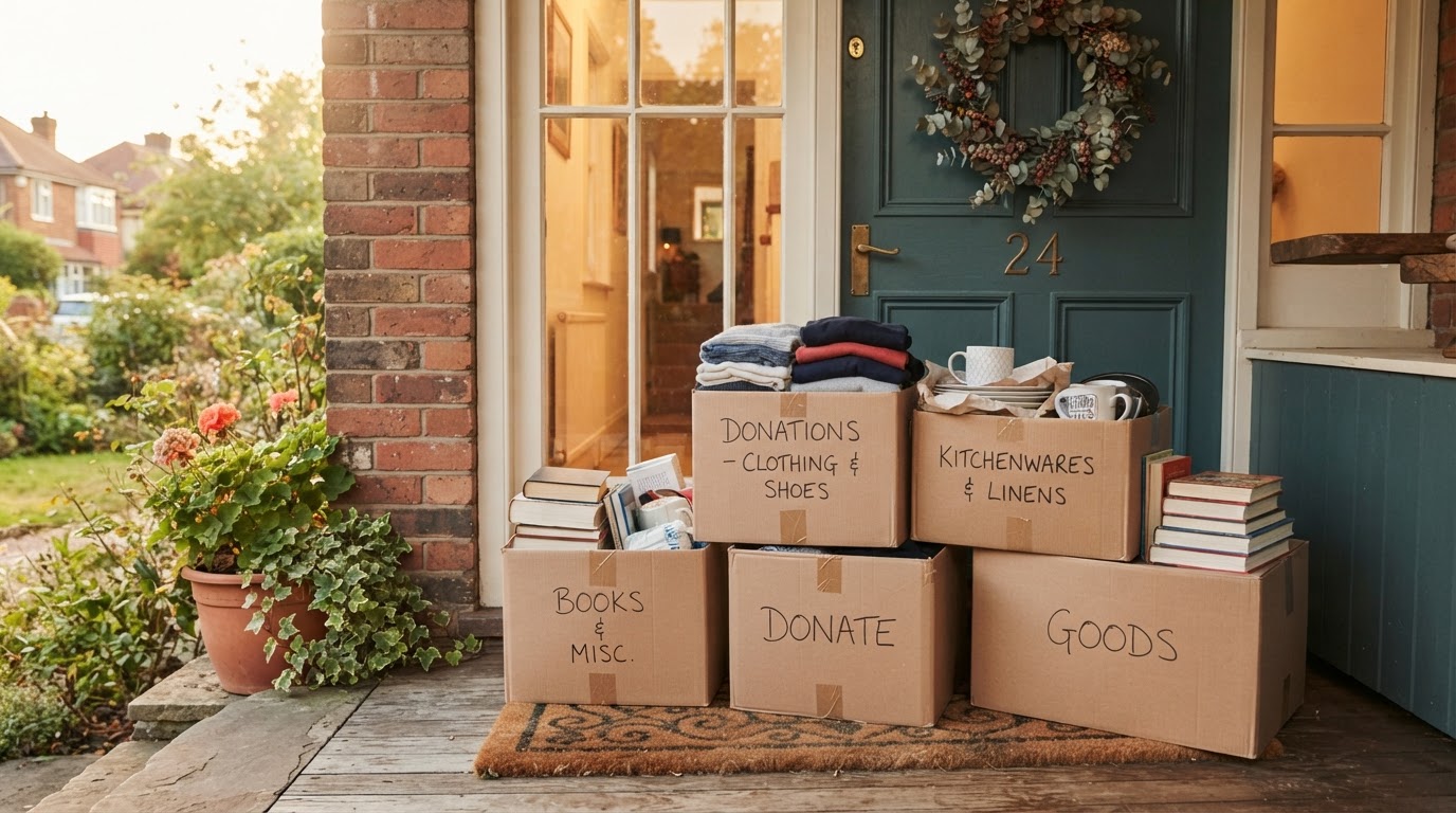 Neatly packed cardboard boxes filled with donated household items and clothing ready for charity pickup at a front door