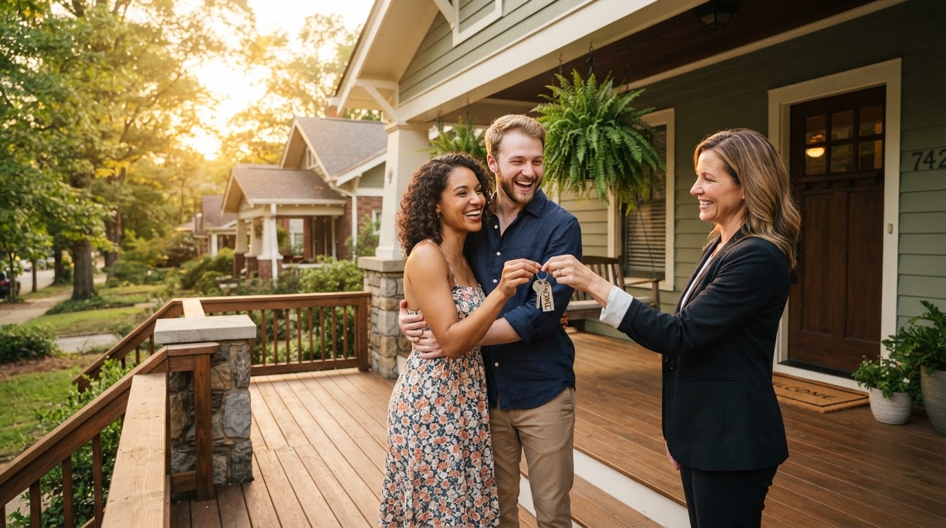 A happy young couple receiving keys to their first home in Atlanta