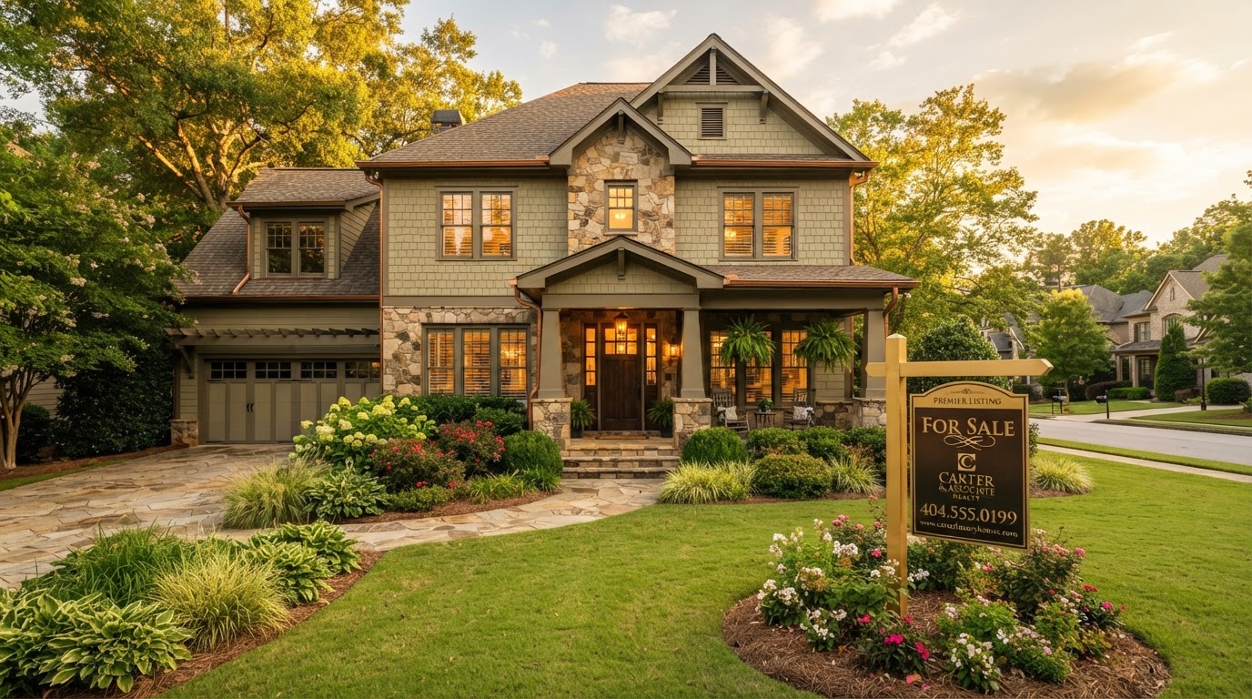 A Metro Atlanta craftsman home with a gold For Sale sign in the front yard at golden hour