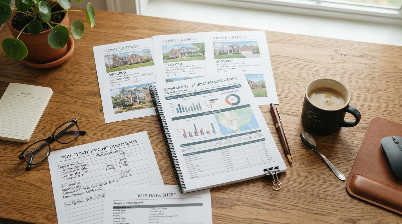A comparative market analysis report and printed home listings spread on a wooden desk