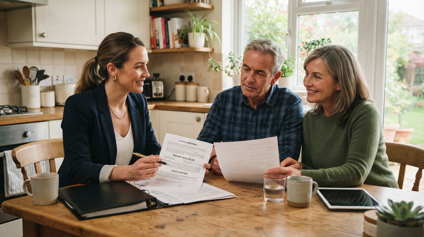 A real estate agent reviewing documents with a homeowner couple at a kitchen table during a listing appointment