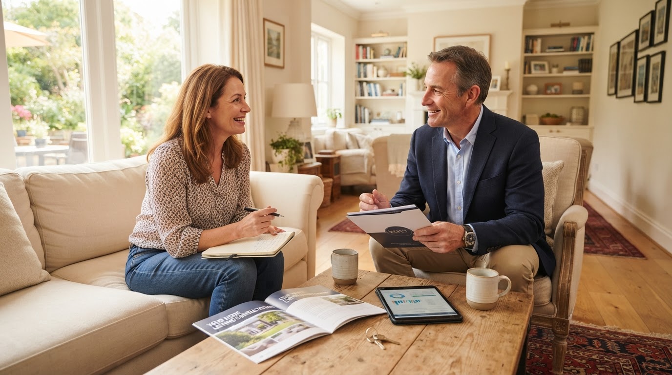 A homeowner asking thoughtful questions during a listing consultation with a real estate agent in a bright living room