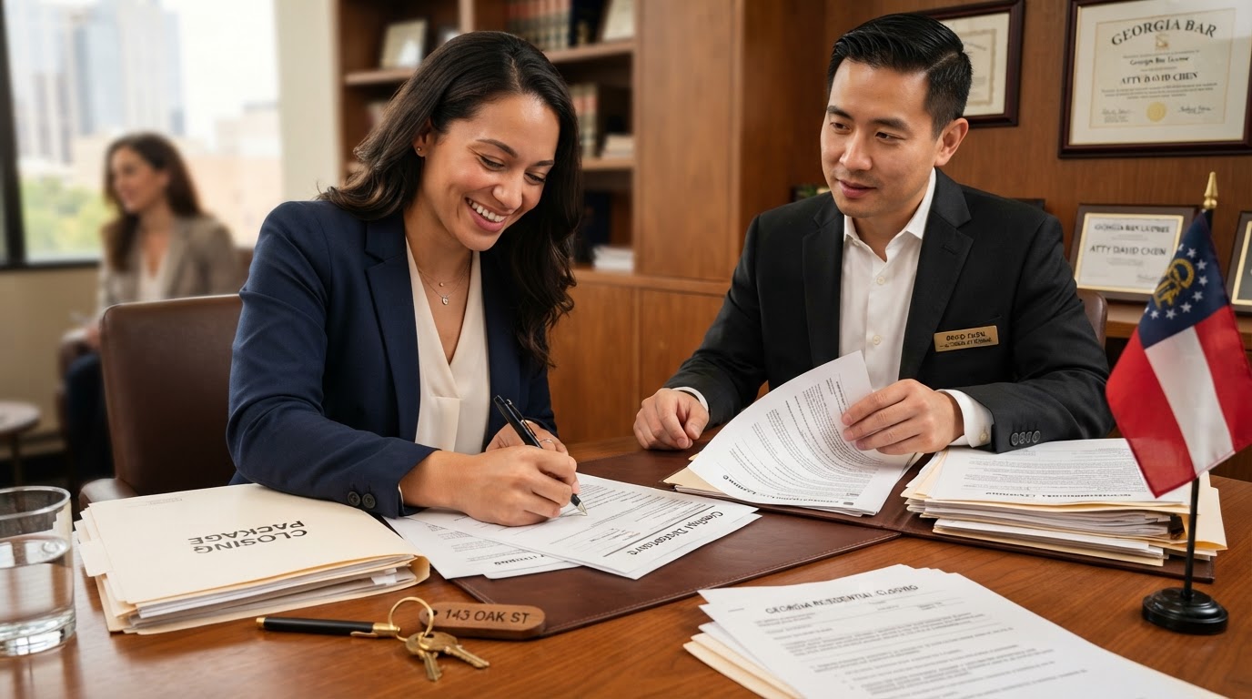 A homeowner signing real estate closing documents with a closing attorney at a table