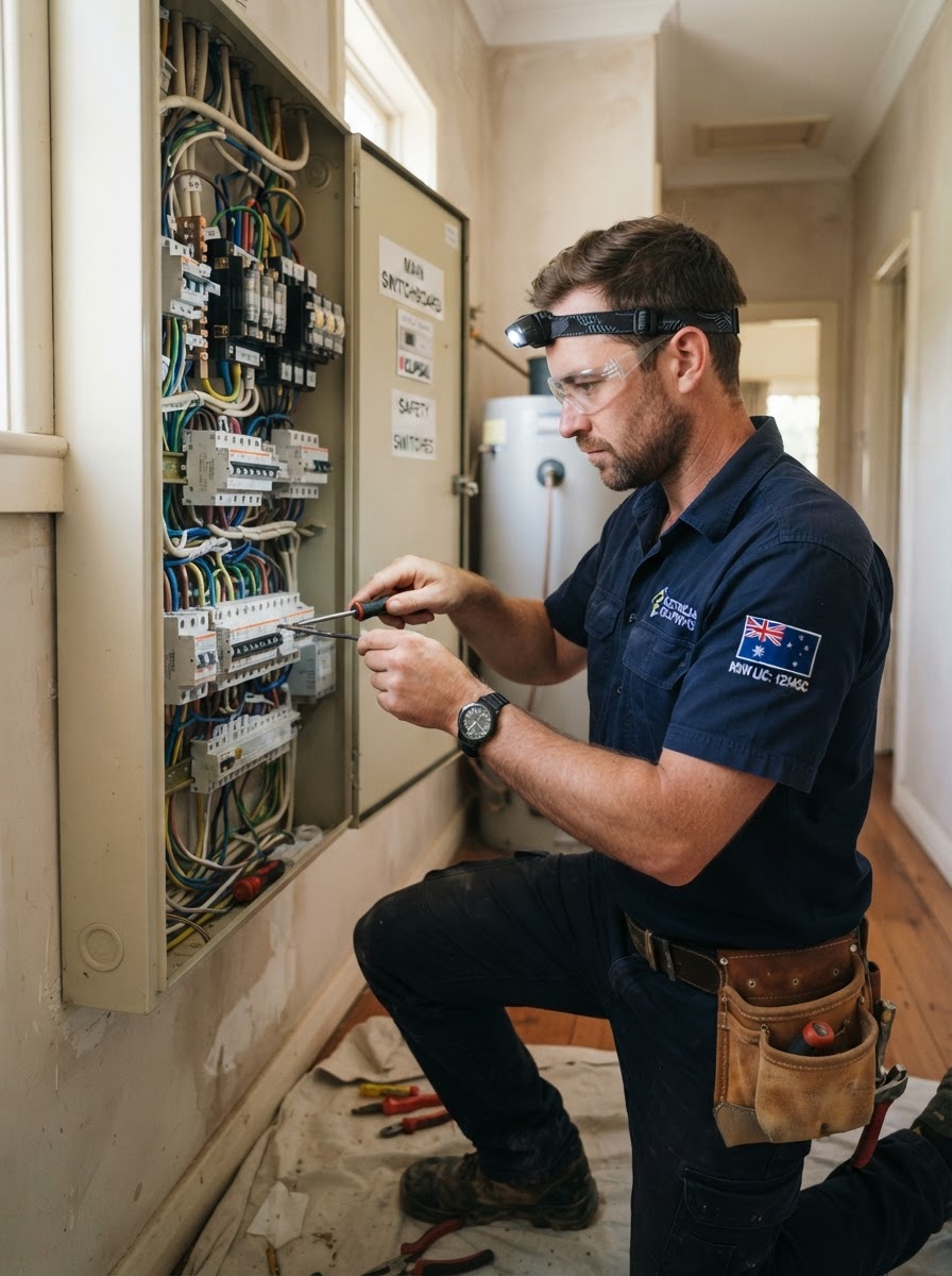 Australian electrician working inside a switchboard on-site