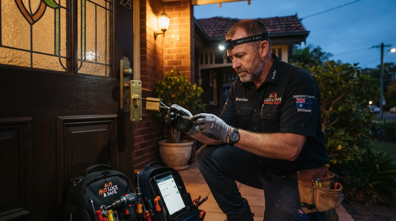 Australian locksmith working on a door lock at a residential property