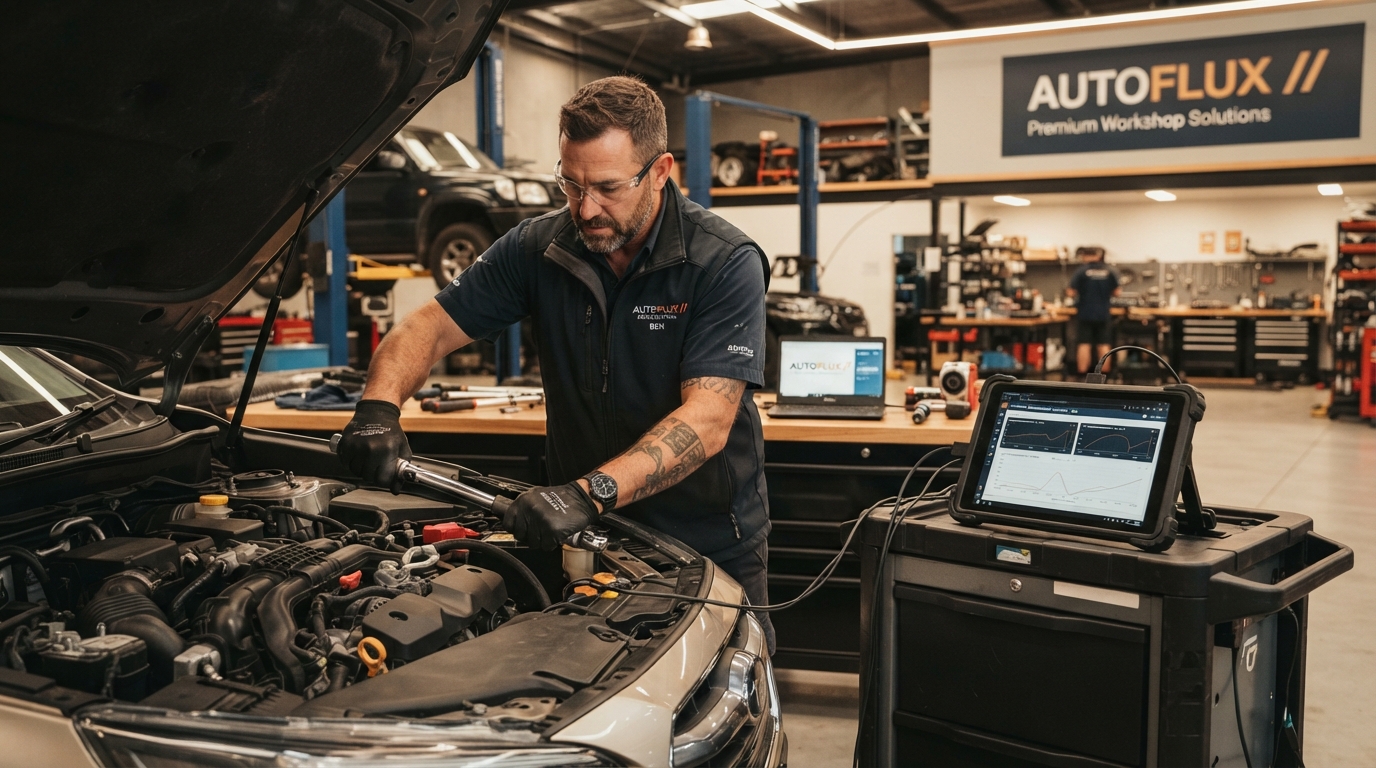 Australian mechanic working on a vehicle engine in a professional workshop