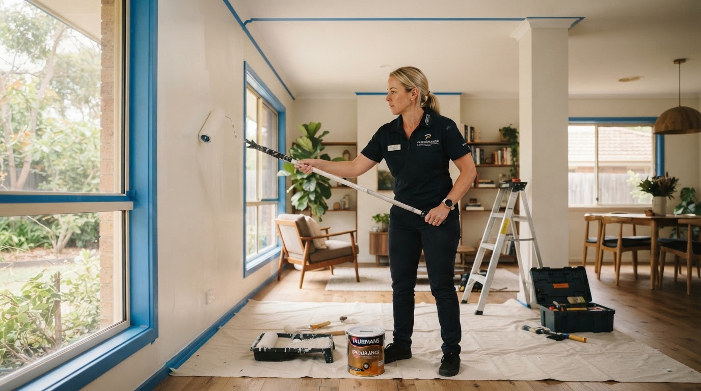 Australian painter working inside a home with a roller