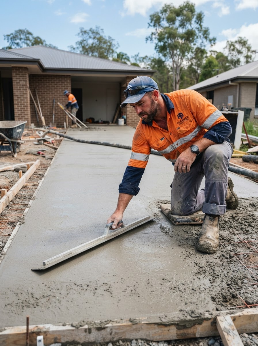 Australian concreter finishing a concrete driveway on-site