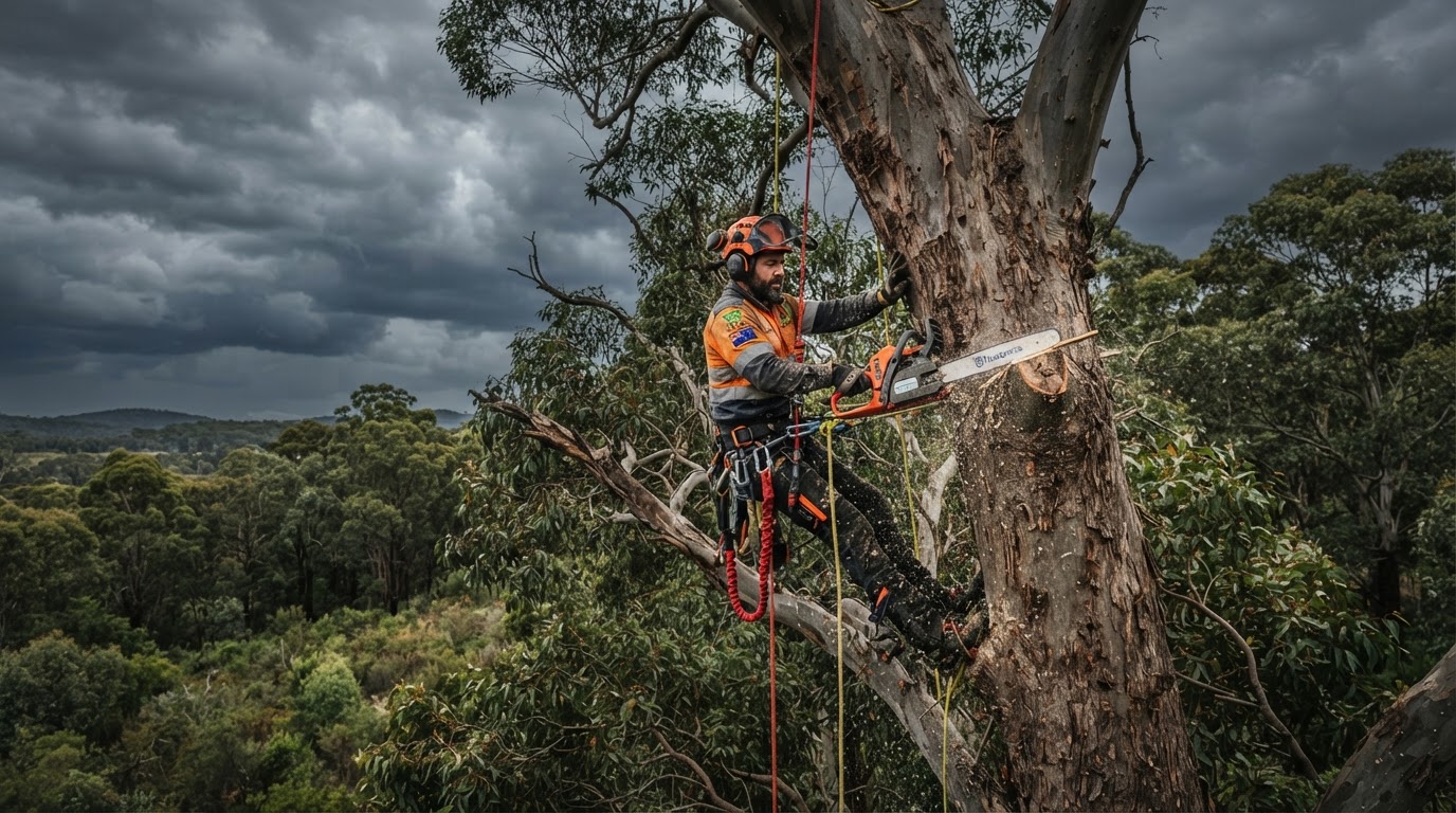 Australian arborist in safety harness working on a large tree with chainsaw