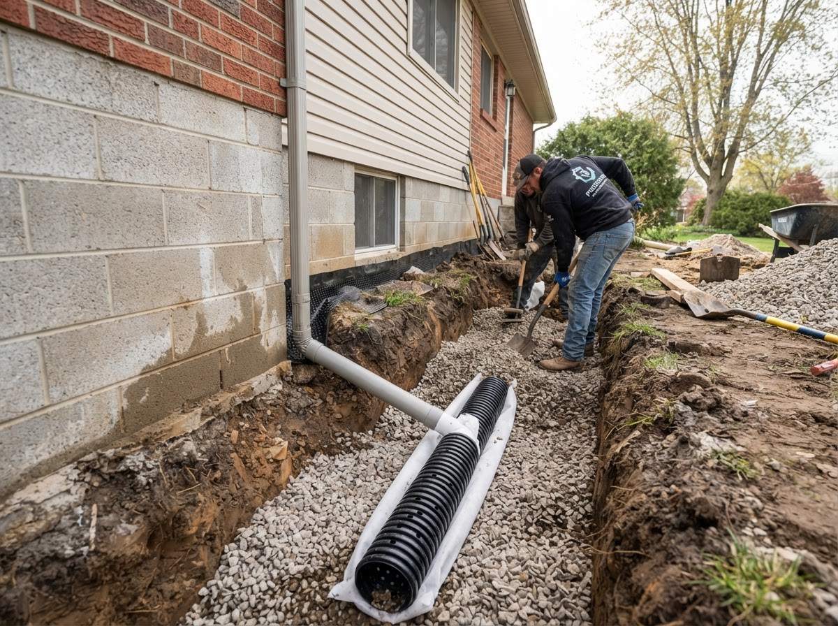 Exterior French drain trench with perforated pipe and gravel along a foundation wall in Kernersville NC