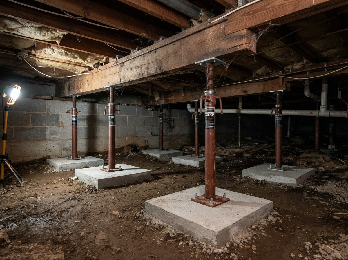 Adjustable steel support jack posts on concrete pads installed under a crawl space beam in a Kernersville NC home