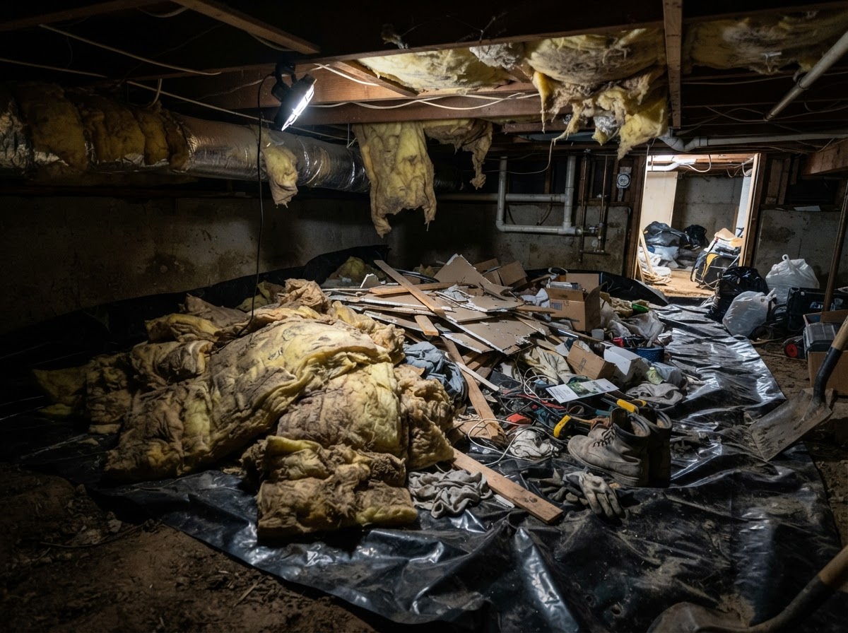 Old fiberglass insulation and construction debris piled on plastic sheeting during a crawl space cleanout in Kernersville NC