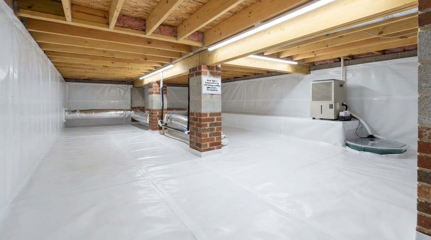 Finished crawl space encapsulation project with sealed vapor barrier, dehumidifier, and clean structural framing in a Kernersville NC home