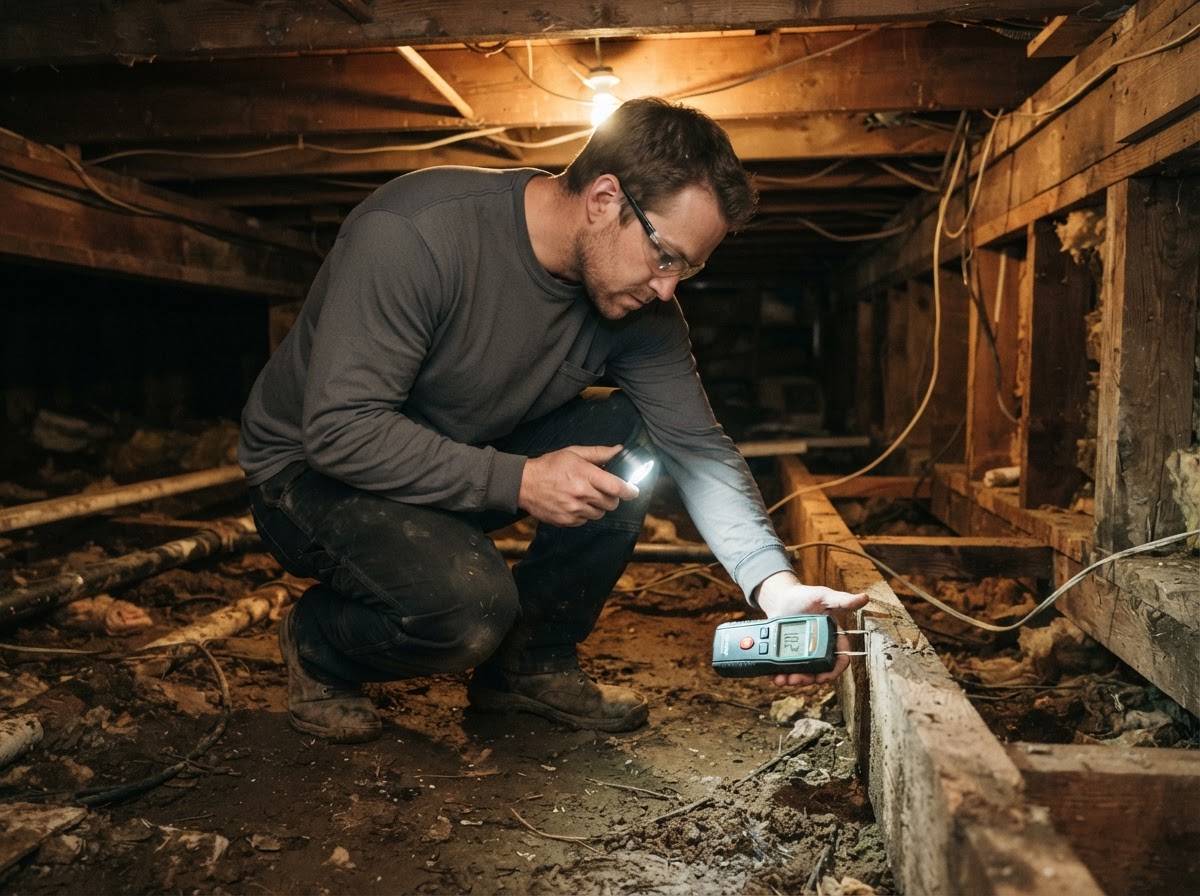 Contractor inspecting crawl space floor joists with a flashlight and moisture meter in a Kernersville NC home