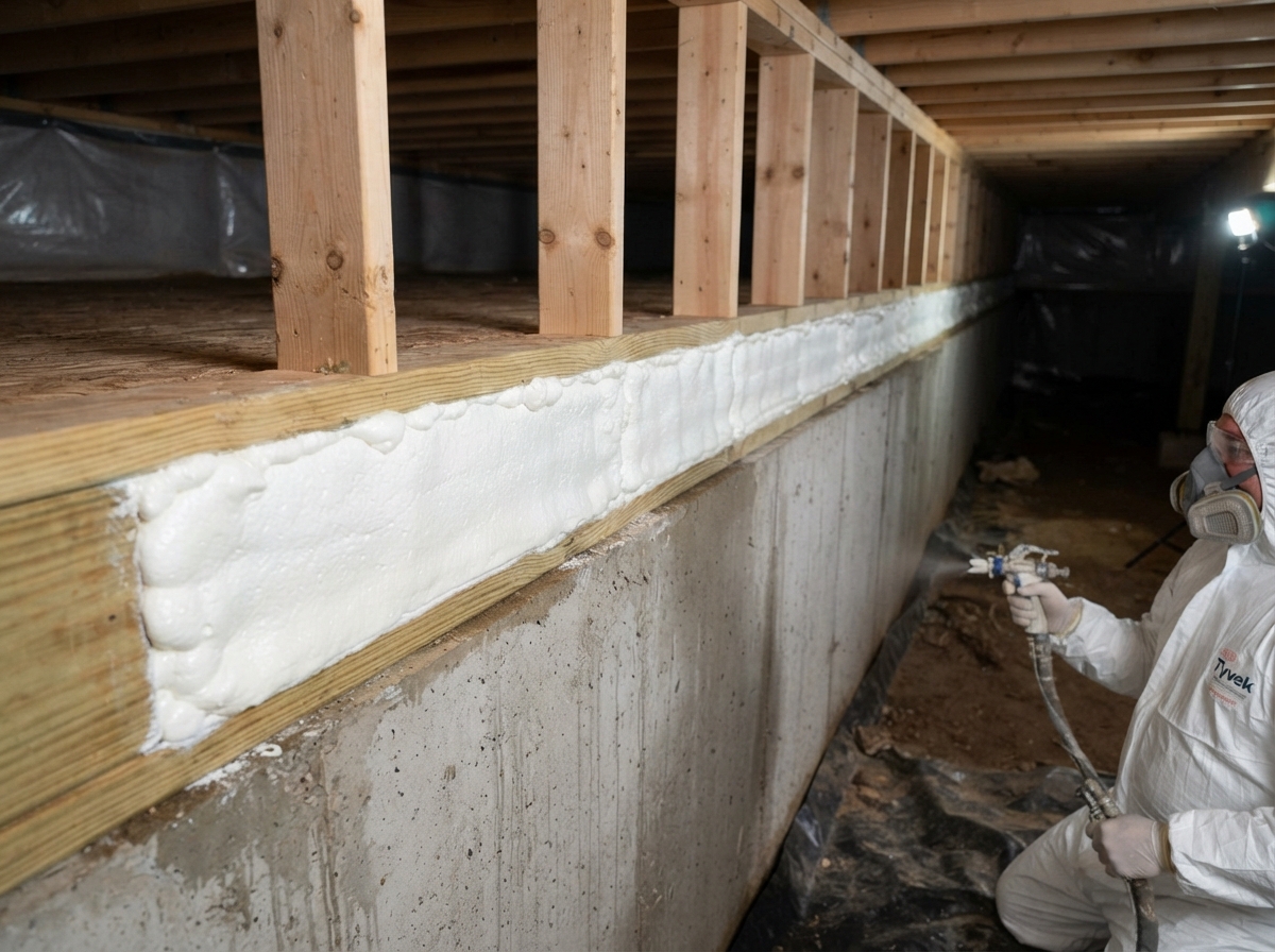 Closed-cell spray foam insulation applied to the rim joist and subfloor of a crawl space in Kernersville NC