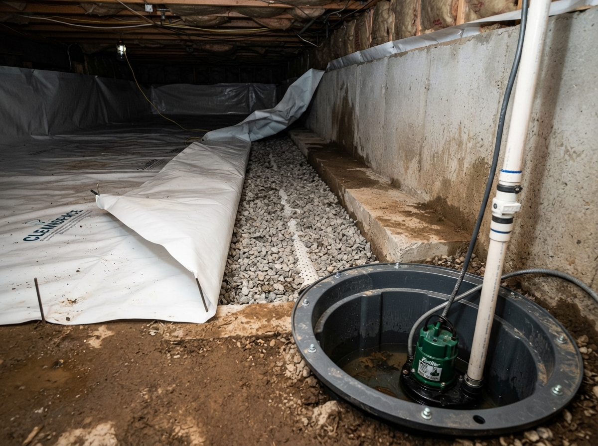 Interior perimeter drainage trench with gravel leading to a sump basin in a waterproofed crawl space in Kernersville NC