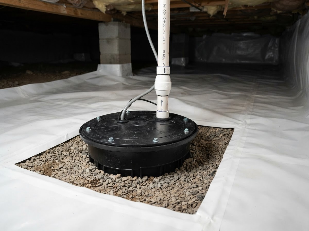 Sump pump basin with sealed lid and PVC discharge pipe installed in a crawl space in Kernersville NC