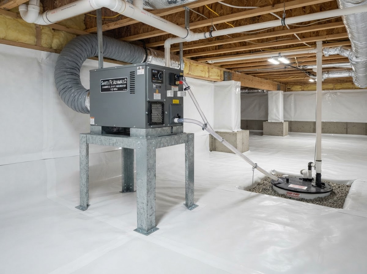 Commercial-grade dehumidifier on a stand with condensate drain line in an encapsulated crawl space in Kernersville NC