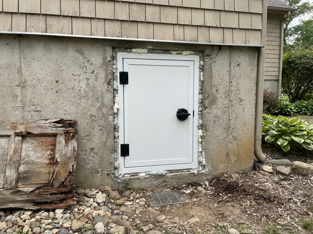 New airtight insulated crawl space access door sealed in a concrete foundation wall in Kernersville NC