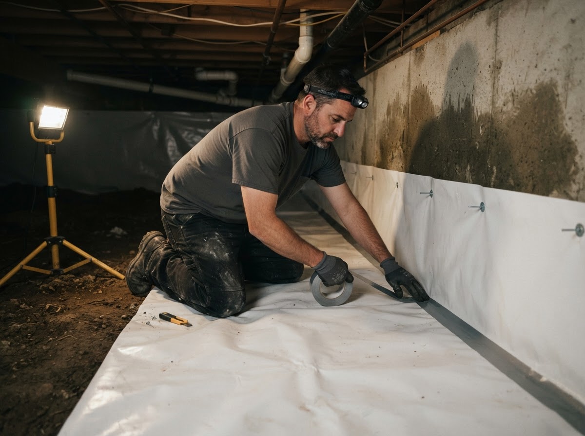 Contractor sealing a heavy polyethylene vapor barrier across the ground and up the walls of a crawl space in Kernersville NC