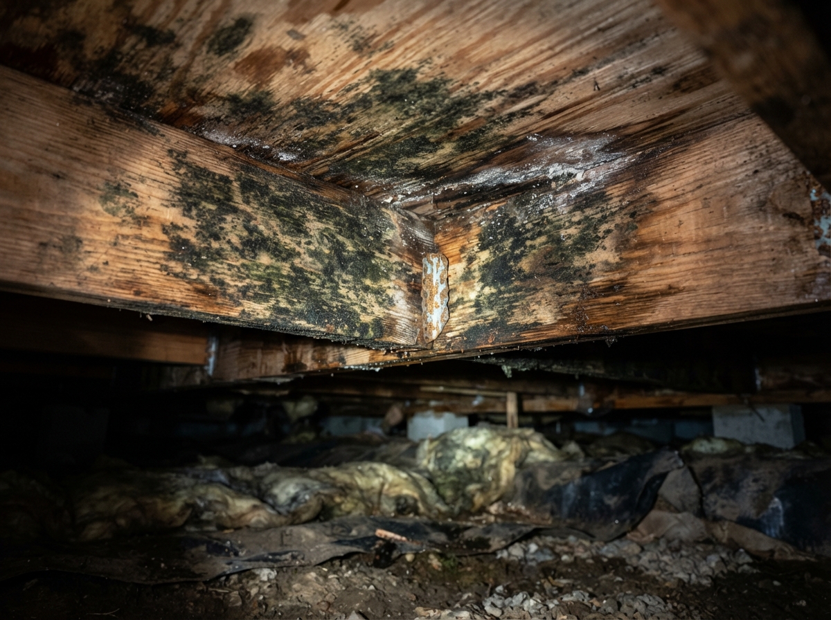 Black mold growth and water staining on wooden floor joists in a damp crawl space in Kernersville NC