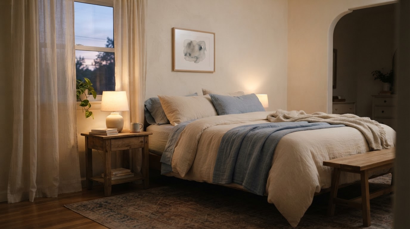 A serene bedroom at dusk with soft natural light through curtains, warm cream tones and a softly glowing bedside lamp