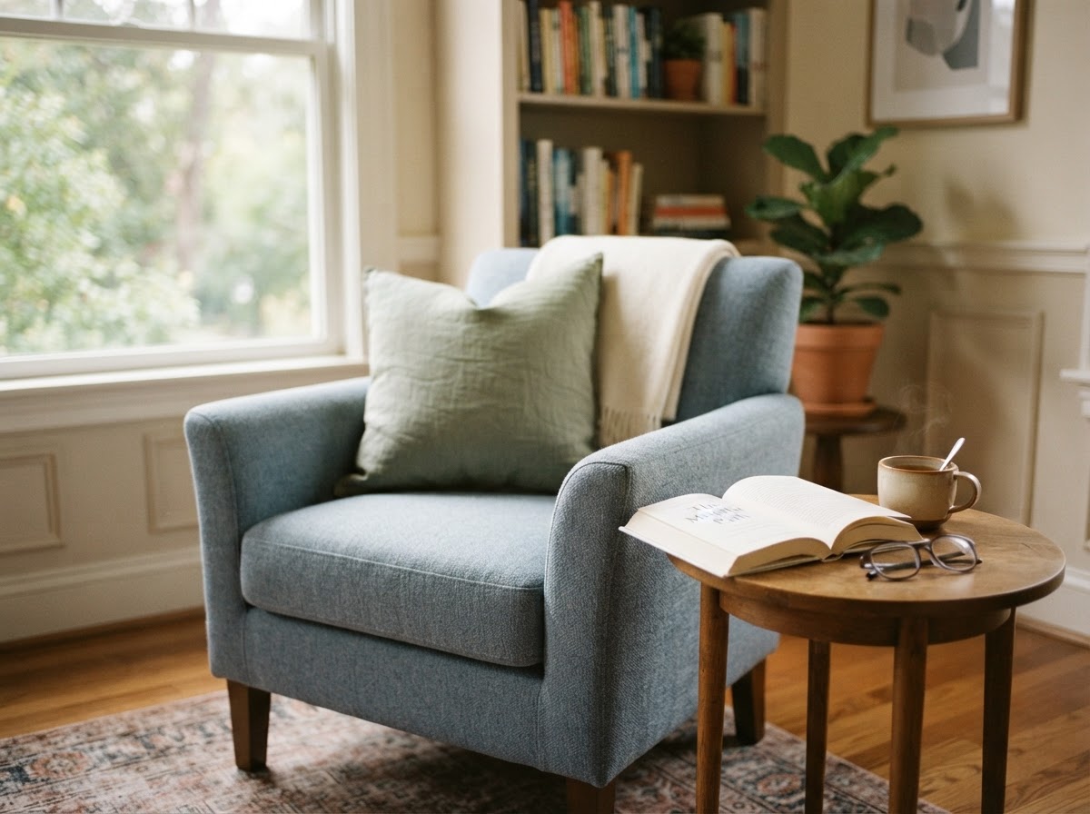 A calm reading nook with a blue armchair, a cup of tea and an open book in soft natural window light
