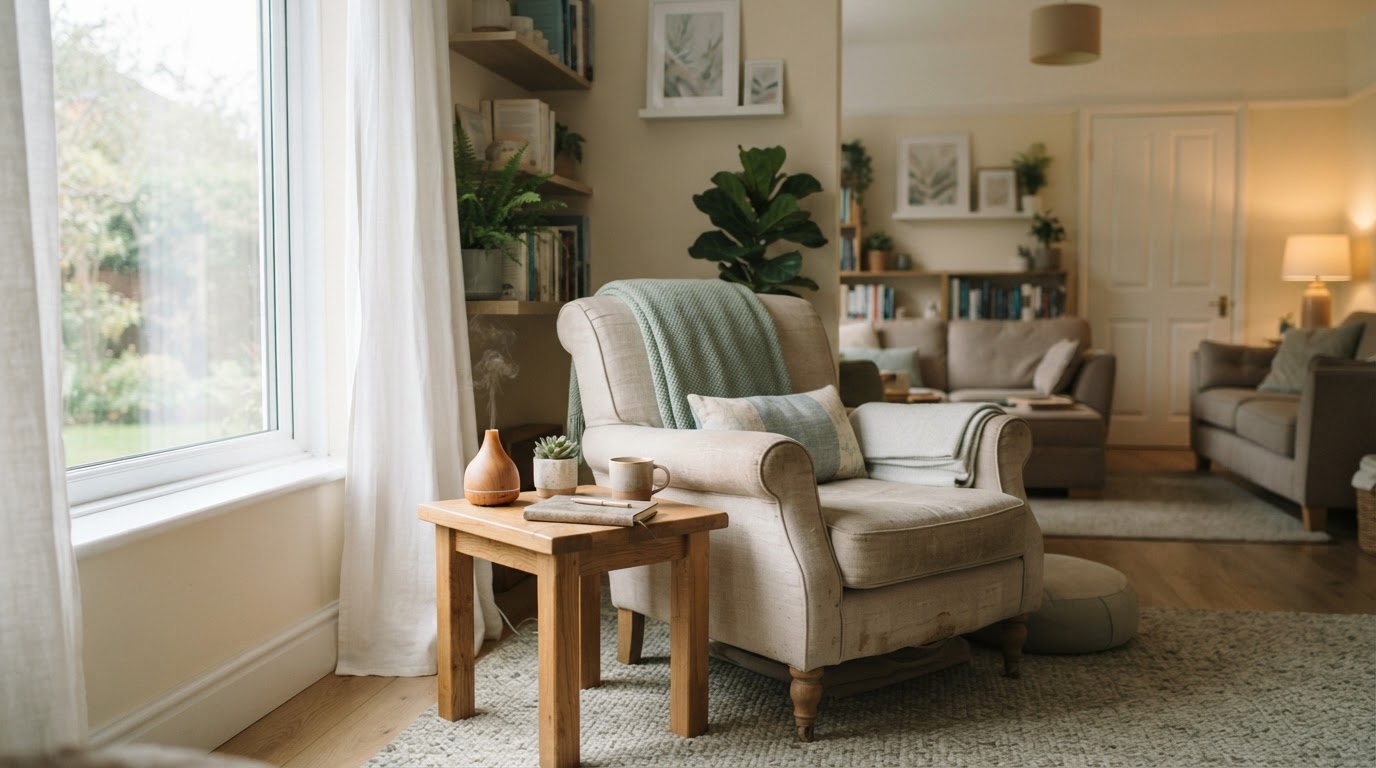 A calm therapy room with soft natural light, a linen armchair and quiet details