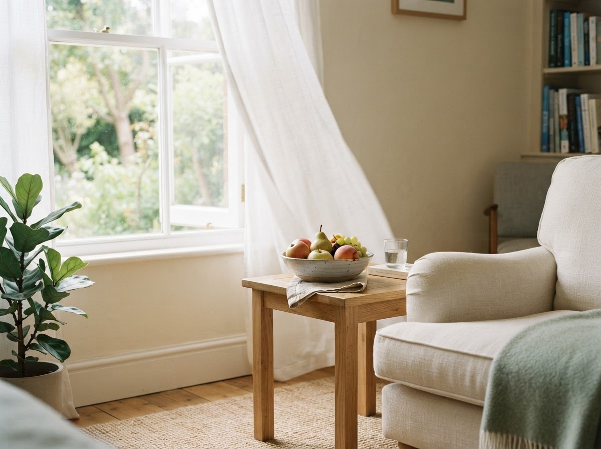An open window with sheer curtains gently moving, a bowl of fresh fruit on a side table, suggesting fresh air and freedom